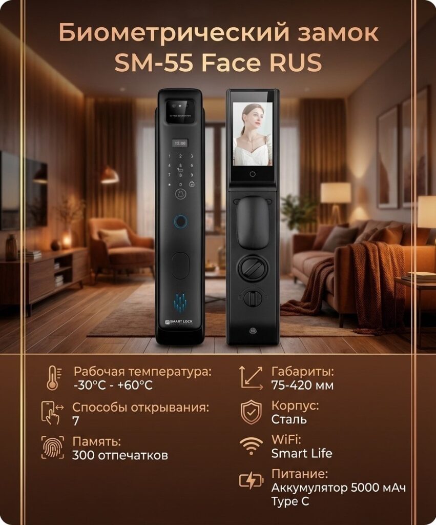 Биометрический замок SM-55 Face RUS
Рабочая температура : -30°с +60°с.
Способы открывание : 7.
Память : 300 отпечатков.

Габариты : 75-420 мм.
Корпус : Сталь.
Wifi : Smart Life.
Питание : аккумулятор 5000 мАч Type C